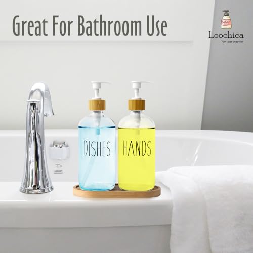 Image of LOOCHICA Clear Glass Soap Dispenser Set with Tray, Transparent Dish and Hand Soap Dispenser Set, Refillable Reusable Apothecary Soap Pump Dispenser Bottles for Bathroom and Kitchen