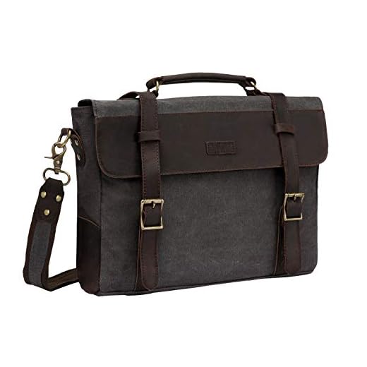 Vaschy Vintage Canvas Leather Messenger Bag School Shoulder Bag Business Briefcase Satchel Gray
