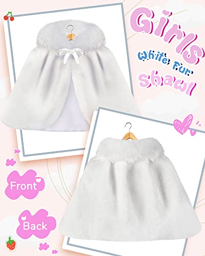 2 Pcs Flower Girls Wrap Shawl Faux Fur Girls Princess Shoulder Cape Wedding Bridesmaid Tippet Stole Faux Fur Bolero Shrug for Wedding Birthday Costume Party Evening Dress up White2