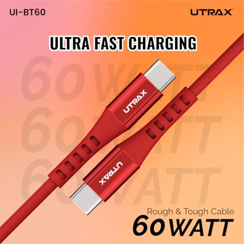 Image of UTRAX 65W Type-C to Type-C Cable | 2M Fast Charging Cable with Premium Metal Connectors, Durable TPE Material, Red