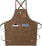 AFUN Chef Aprons for Men Women with Large Pockets, Cotton Canvas Cross Back Heavy Duty Adjustable Work Apron, Size M to XXL (Brown)