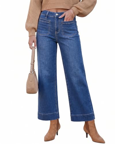 GRAPENT Womens High Waisted Jeans Trendy Cropped Wide Leg for Women 27 Inch Inseam Stretch Plus Size Cropped Jeans, Classic Blue, 2XL, US Size 20 to 22