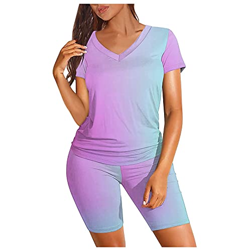 Short Sets Women 2 Piece Outfits, Textured Workout Set Short Sleeve Top And Biker Shorts Tracksuits #TOP6