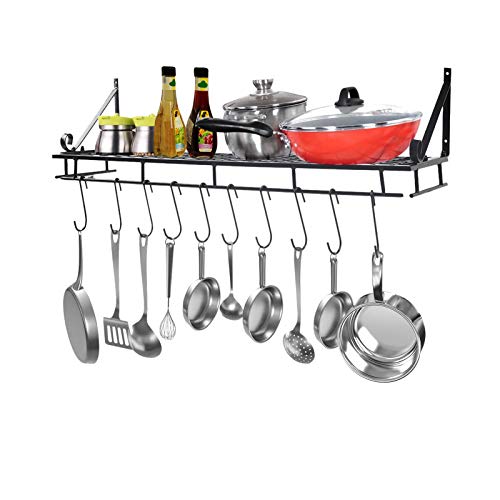 Wall Wall Mount Pot Pan Rack Kitchen Utensils Hanging Shelf Pot and Pan Hanging Rack with 10 Hooks, Black Saucepan Holder, Pan Racks for Kitchen Hanging, 90cm