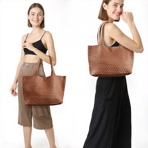 Image of Woven Tote Bag for Women, Large Vegan Leather Tote with Inner Pouch | Soft Woven Texture,Relaxed Style,Shoulder Tote Bag,Unstructured Tote,Casual Woven Handbag,Open Interior,Removable Pouch