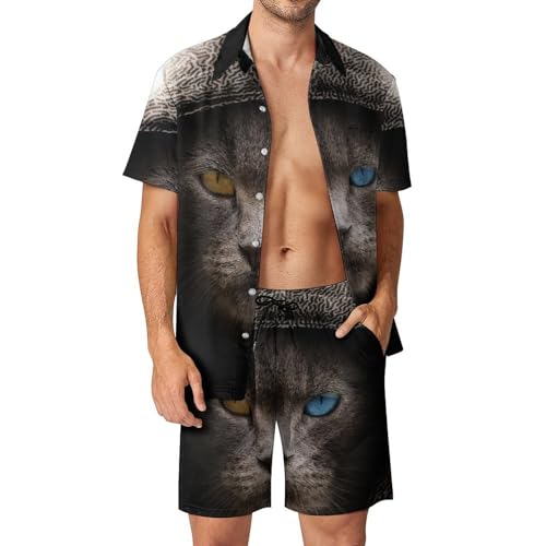 Ensemble 2 pièces plage hawaïen avec motif chat à capuche short et pantalon légers hommes S