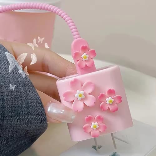Image of Compatible with iPhone Cute Cat Charger Case Cover | Cartoon Character Silicone Charger Case Cover for 18-20W 360 Degree Full Protection Cover (Pink 3D Flowers)