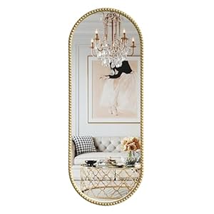 Antique Gold Full Length Mirror Vintage Oval Full Body Mirror Hanging Dressing Beaded Wall Mounted Mirror Decorative Wall Mirrors for Entryway Bedroom 53″X20″