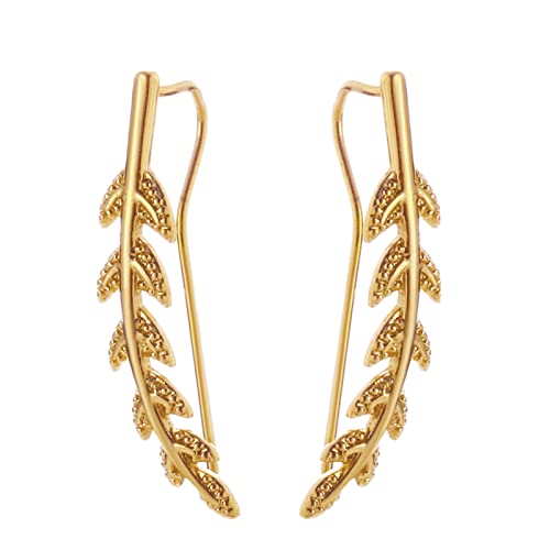Oro Pendientes Trepadores para Mujer Aretes Escaladores Curvados Hojas de Árbol Pendientes de Escalada Estrellas Ear Cuffs Joyería de Playa Regalo para Novia Cumpleaños San Valentín Cover