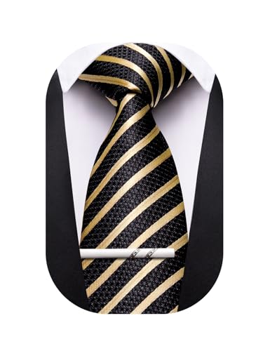 Image of Barry.Wang Silk Men Ties Formal Stripes Necktie and Tie Clip for Wedding Party Business Fashion Classic