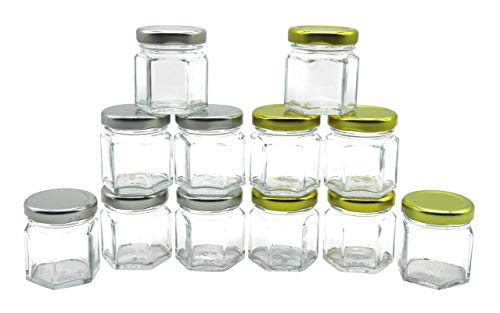 Image of Cute Hexagonal 50 Grams Airtight Glass Jar Containers for Honey, Spices & Other Kitchen Items with Rust Proof Gold & Silver Color Caps -Set of 12