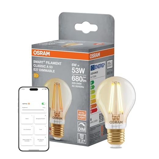 OSRAM Lampe LED SMART+, A53, 6 W, 2 400 K, E27, en forme d'ampoule, à filament, dorée, à intensité variable, contrôlable via application ou voix, compatible avec les systèmes Matter