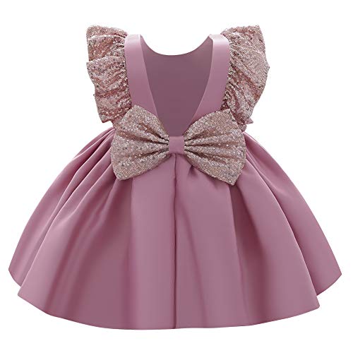 Flower Girl Sequin Bow Tutu Dress for Kids Baby Formal Wedding Birthday Party Sparkle Ruffle Sleeves Dresses Toddler Princess Pageant Communion Christening Shiny Backless Gown Dusty Pink 12-18 Months