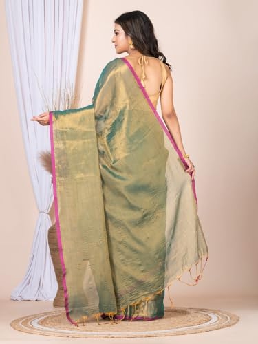Image of Women's Tissue Cotton Saree | Plain Lightweight Tassel Pallu Saree with Blouse