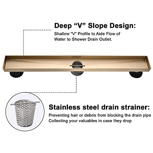 AVSIILE Linear Shower Floor Drain, Brushed Gold 36 Inch 304 Stainless Steel Bathroom Drains Kit, Rectangular Shower Trench Drain with Reversable Tile-in Pattern Drain Cover & Hair Catcher by AVSIILE - Image 5
