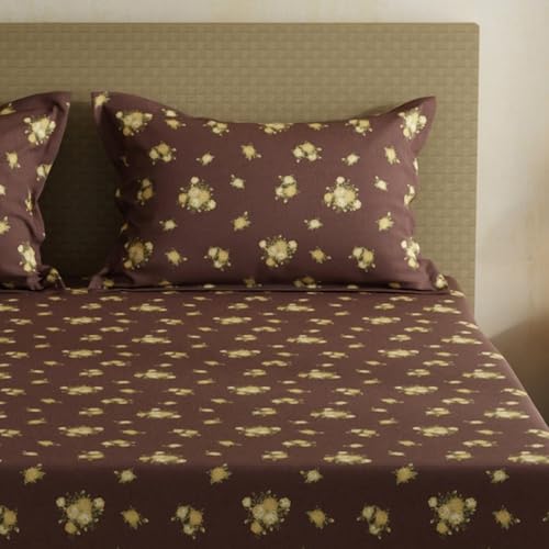 Image of Layers 100% Cotton Bedsheet for Double Size Bed | Lumina Floret Collection | 144 TC Soft & Breathable | Floral Print with 2 Pillow Covers | Wrinkle Free & Colorfast | 3 Piece Bedding Set - Brown