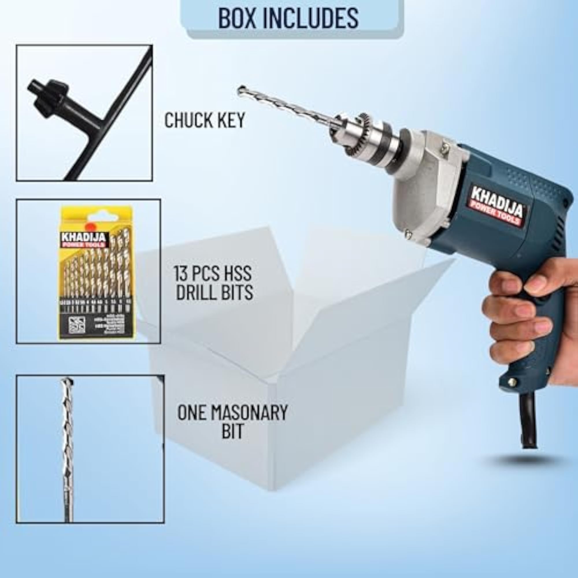 Drill Machine 10mm with 13pcs HSS Drill Bits & 1pc Masonary Bit Combo