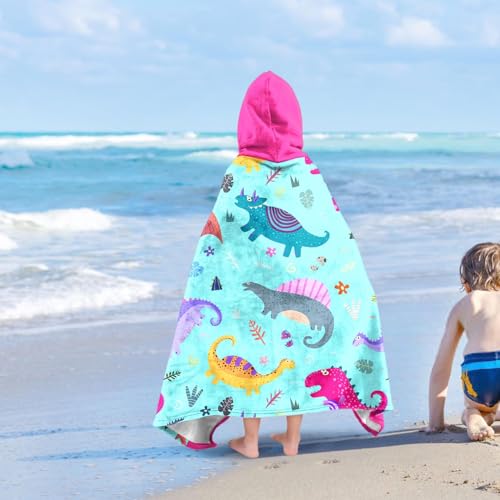 Image of Dinosaur Girls Beach Towel with Hoodie for Kids Toddlers Age 4-8, Pink Bath Towels Shower Wrap for Girls, Hooded Poncho Beach Blanket for Pool Swimming Cute Wearable Bath Towel for Child
