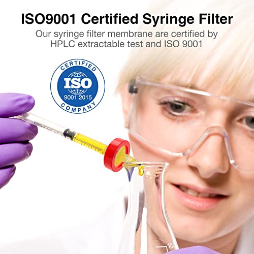 SimPure Syringe Filter PTFE Hydrophobic Membrane 100 PCS, 0.22um Pore Size, 13mm Disc Diameter, HPLC and GC Needle Filter, Non-Sterile, High Throughput Lab Filtration, Barreled Packed