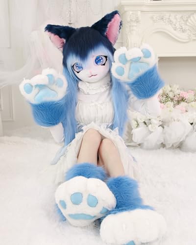 ZFKJERS Cosplay Tier Verlängerte Flauschige Kunststoffkrallen für Katzen Fursuit Pfoten Handschuhe Erwachsene Kostüm Zubehör Set (Blue)