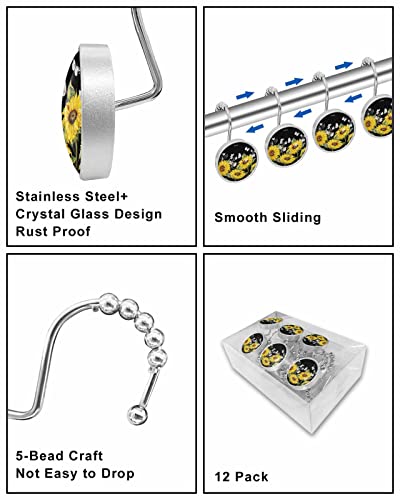 Decorative Shower Curtain Hooks 12Pcs Sunflower Butterfly Park Black Crystal Glass Design Shower Curtain Rings Stainless Steel Rustproof Shower Curtain Hangers For Bathroom Toilet Closet #TOP6