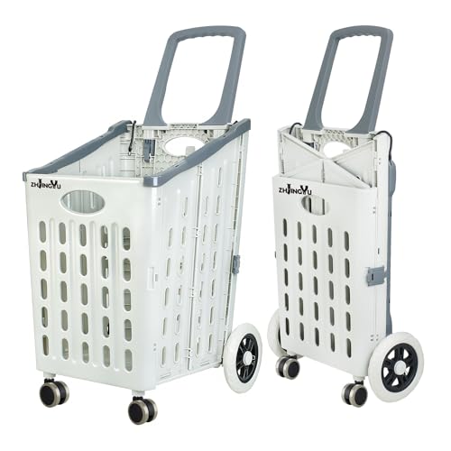 ZHJINGYU Carro de la compra plegable de 75 l, plegable, cabe verticalmente en el maletero – Carro de la compra con 4 ruedas para lavandería, oficina, viaje, supermercado (blanco)