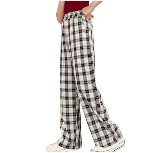Girls Ice Silk Plaid Pants Summer Thin Elastic Waist Lightweight Straight Checkered Trousers with Pockets for Kids 5-16 Years