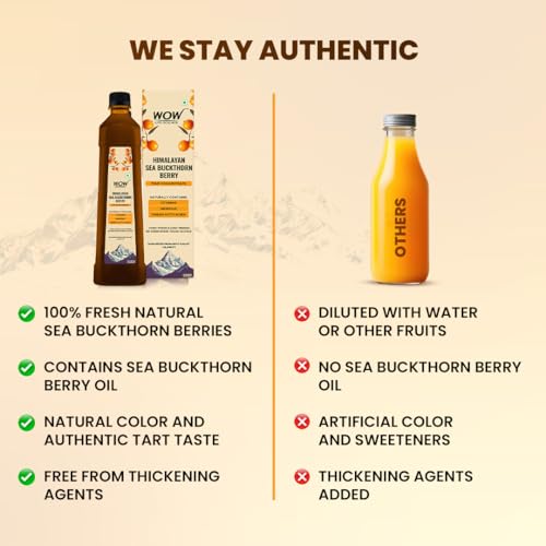 Image of WOW Life Science Himalayan Sea Buckthorn Berry Pulp Concentrate | Cold‑Pressed from Spiti Valley | Rich in Omega 3‑6‑7‑9, Vitamins & Antioxidants | Heart, Gut, Skin & Immunity Support | No Added Sugar | Makes 80 Glasses | 400 ml (Pack of 2)