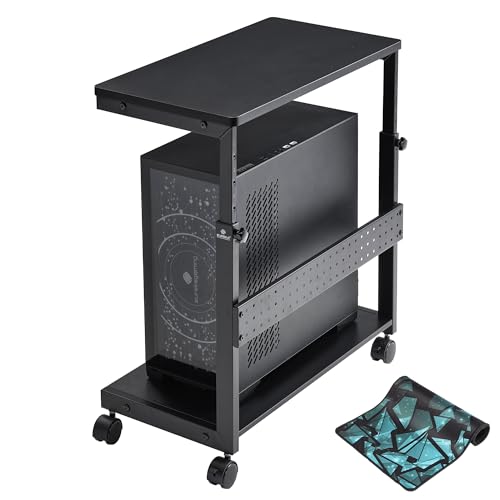 Image of EUREKA ERGONOMIC PC Stand Computer Cart, Height Adjustable Tower Stand 2-Tier Suit for ATX Case Printer, Metal Rolling Cart on Wheels for Gaming Home Office, Carbon Fiber