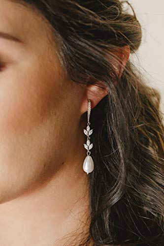 Sweetv Pearl Drop Earrings For Wedding Bridal -Marquise Teardrop Cubic Zirconia Dangle Earrings For Women, Bridesmaids, Brides (01.Silver) #TOP1