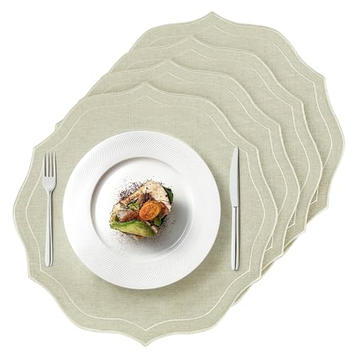 Set of 4 Cotton Linen Placemats, 15x15 Round Scalloped Cloth Table Mats, Embroidery Machine Washable, Wrinkle Resistance Fabric Place Mats for Wedding...