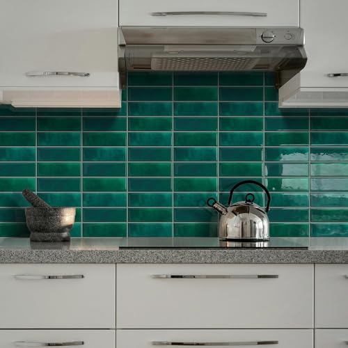 DEWOO Dark Green Peel and Stick on Tiles Metro Self Adhesive Wall Tile Stickers for Kitchen Bathroom,Rectangle 10-Sheet (30.5x30.5cm)