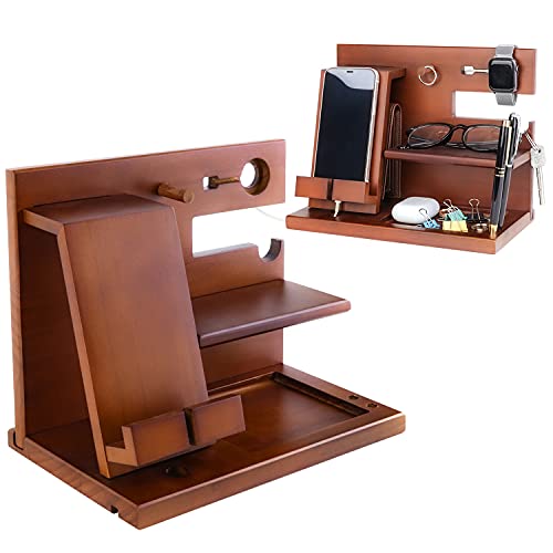 Image of awofer Wood Phone Docking Station Nightstand Organizer for Men - Key Holder Wallet Stand iWatch Organizer Ring Hanging - Gadgets Gifts for Husband Boyfriend Dad Son Birthday Anniversary Fathers Day