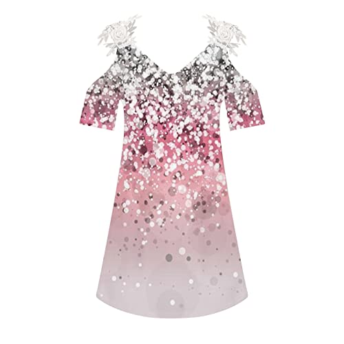 Vestidos de renda e elastano rosa com decote em V para jovens, manga curta, alças finas, ombros de f