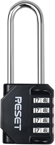 RESET -060 Paquete de 1 candado de combinación de 2.5 pulgadas, 4 dígitos, grillete largo, negro, ideal para gimnasio, escuela, valla, caja de