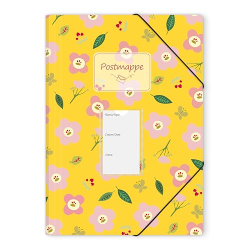 KONVINIT Postmappe A4 Schule - aus extra starkem Kunsstoff Robust und Langlebig Sammelmappe mit Gummizug Dokumentenmappe mit Motiv für Büro und Schule Aesthetic Schreibwaren,Gelb
