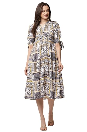 Image of JUSTHER Women's Jaipuri Ethnic Motif Print Fit and Flare Dress | V-Neck A-Line Midi Frock