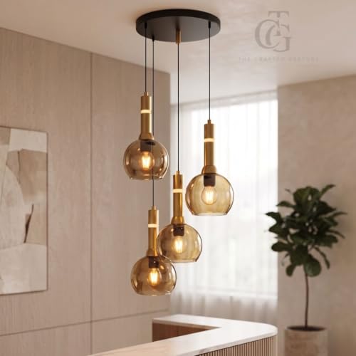 Image of Set of 4-Heads Bowl-Shaped Glass Hanging Pendant Light|Modern Bowl Cluster Ceiling Lamp with Metal Base|Amber-Glass for Living Room, Dining & Cafe