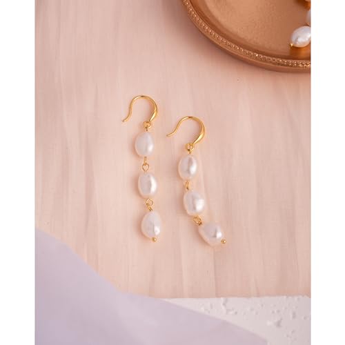 Long Pearl Earrings for Women 14K Gold Plated Sterling Silver Baroque Pearl Dangle Drop Earrings With Elegant Hook2