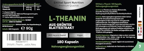 EXVital® L-Theanin, 180 vegane Kapseln, 400 mg L-Theanin pro Kapsel, aus Grüntee Blattextrakt, L-Theanine Aminosäure, vegan & ohne Zusätze, laborgeprüft