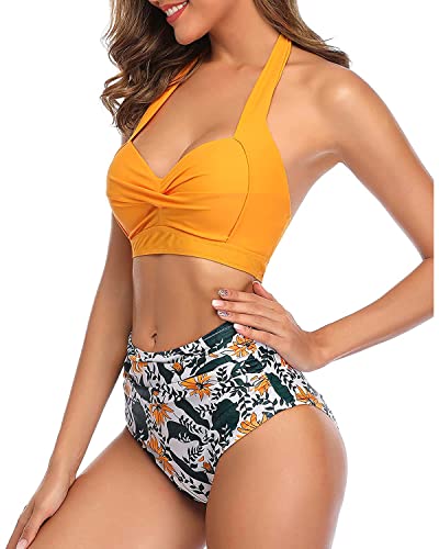 Tempt Me Women Vintage Swimsuits Yellow Retro Halter Ruched High Waist Bikini with Bottom M - Image 5