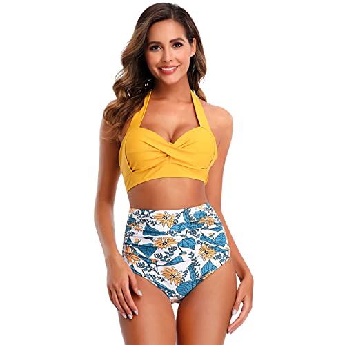 Maillot de Bain 5 pièces Taille Haute Push-up avec Dos Nu pour Femme, Jaune, XL Cover