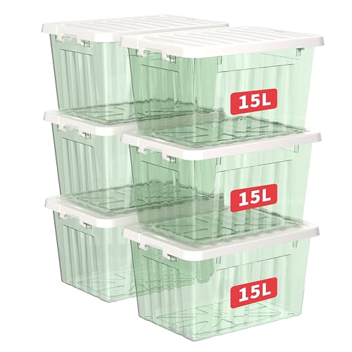 Cetomo 15L*6 Storage Boxes with Lids, Plastic Storage Box with Secure Side Latches, PP Nestable and Stackable Clear Organizer for Home, Office, Moving, Transparent Green, 15L-6 Pack
