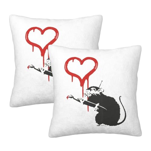 枕カバー バンクシー Banksy ネズミ クッションカバー 2枚セット 座布団カバー まくらカバー おしゃれ 可愛い ソファ背当て 抱き枕 インテリア飾り オフィス 部屋飾り 四季通用 55X55cm