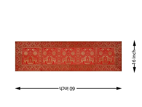 Home Decor Brocade Silk Table Runner for Dinning Table & Centre Table Elephant & Peacock / 16 X 60 Inches (Red)