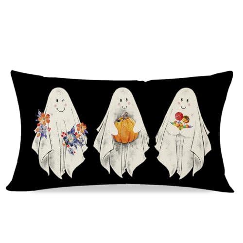 PANDICORN Halloween Throw Pillow Covers 12x20 Cute Ghost Pumpkin Flower Candy Black Halloween Decorations Indoor Outdoor Rectangle Lumbar Decorative Throw Pillows Cases for Home Room Couch Decor