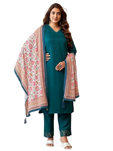 Sanisa Women's Cotton Blend Sequence Embroidered Lace Work Straight Kurta With Pant And Dupatta Set (206Kbd2190N-M_Rama Blue)