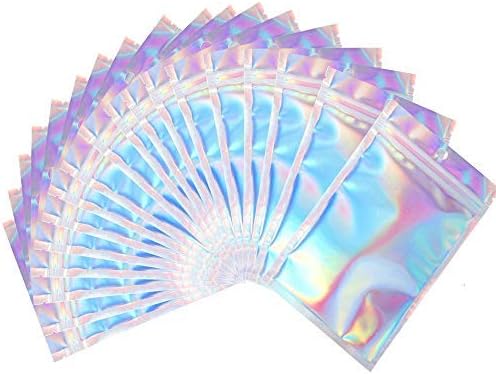 100 Pieces Mylar Ziplock Bags Resealable Smell Proof Bags Foil Pouch Bag Flat Ziplock Bag for Party Favor Food Storage- Holographic Color 14 x 20 cm
