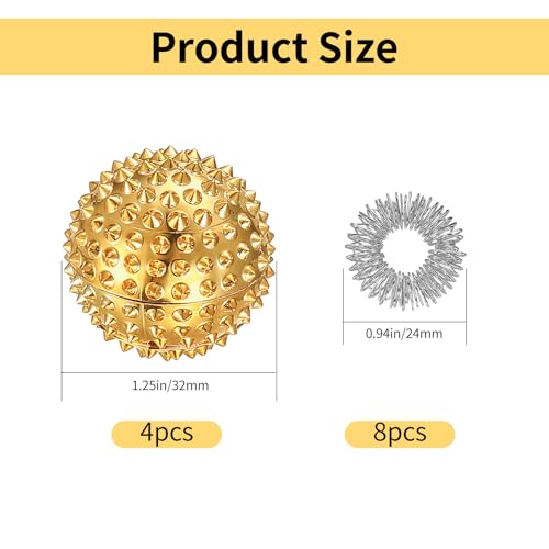 4 Igelball Massageball&8 Akkupressurringe, Magnetische Igelbälle, Akupressur Ringe Set, Skills Borderline Set,Akupressurring Finger Massageringe,Magnetic Igelball für Stressball Relief(Gold, Silber)