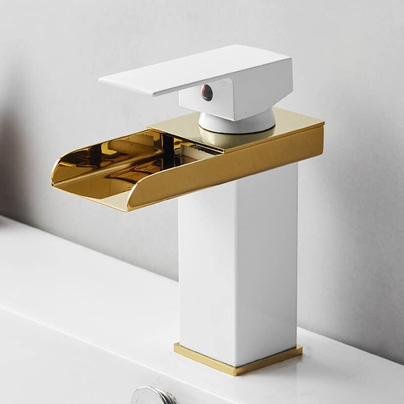 Robinet de lavabo anti-éclaboussures mitigeur cascade carré blanc et doré pour vasque